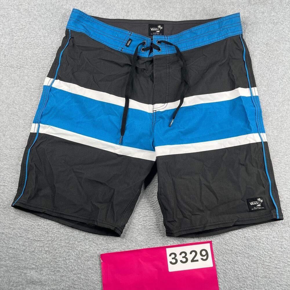 Vans Swim Trunks Mens 34 Board Shorts Black Blue Striped